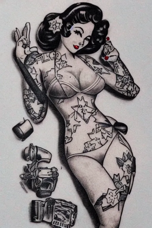 Image similar to traditional American tattoo of a pinup doll, WWII style, detailed