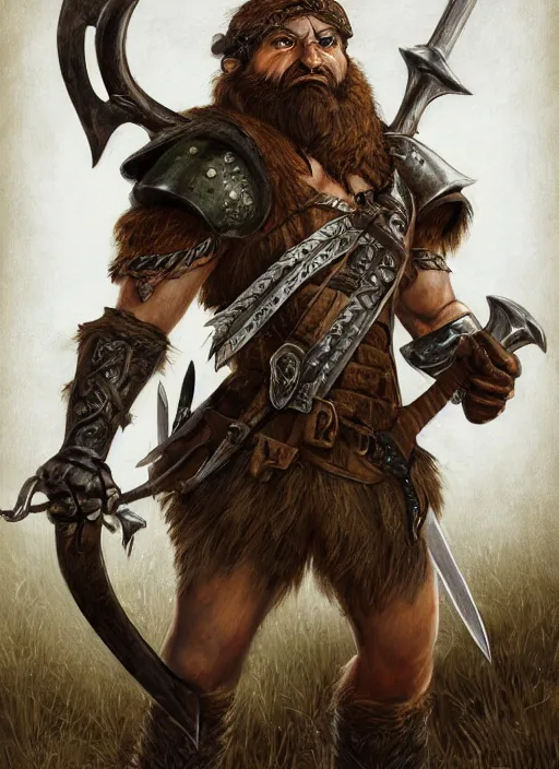 Image similar to strong young man, photorealistic bugbear ranger holding aflaming sword, black beard, dungeons and dragons, pathfinder, roleplaying game art, hunters gear, jeweled ornate leather and steel armour, concept art, character design on white background, by alan lee, norman rockwell, makoto shinkai, kim jung giu, poster art, game art