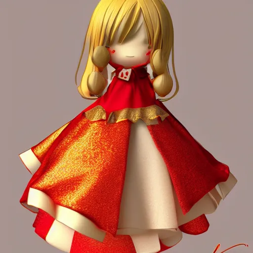 Image similar to cute fumo plush of a girl in a red and gold dress, high quality material bssrdf, vray, anime girl