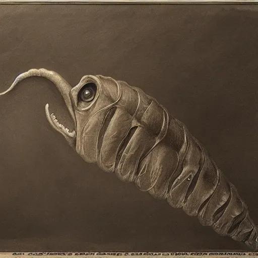 Image similar to tully monster proboscis fossil, realistic, painting, oil paint, sepia tone, scientific illustration, 1 9 th century