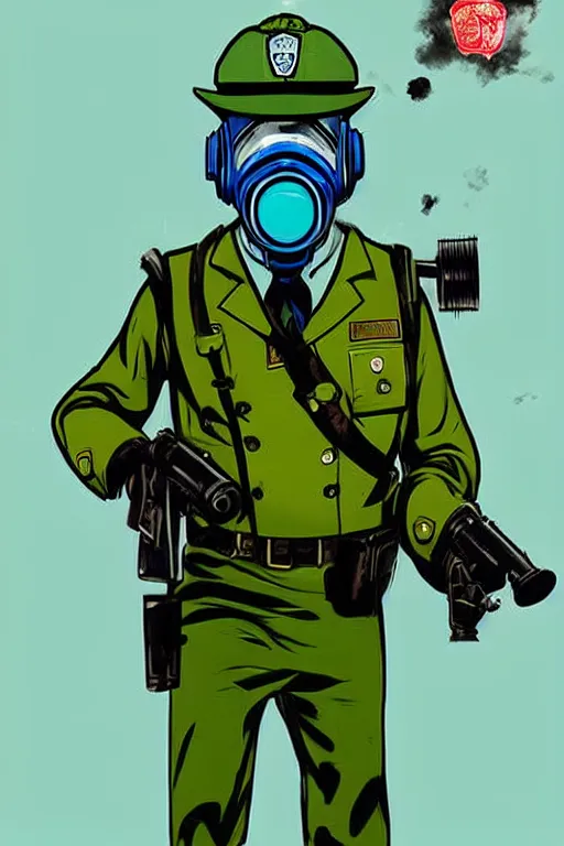 Image similar to cops member departement using gas mask, with blue and green blouse, high member use army hats. pop art, bioshock art style, accurate, detailed, gta chinatown art style, dynamic, face features, body features, ultra realistic, digital art, concept art, smooth, sharp focus, art by richard hamilton and mimmo rottela