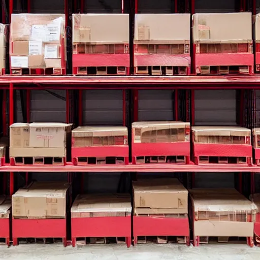 Image similar to two frames of equal size, the first a warehouse full of boxes, the second is exactly the same picture except the boxes are red