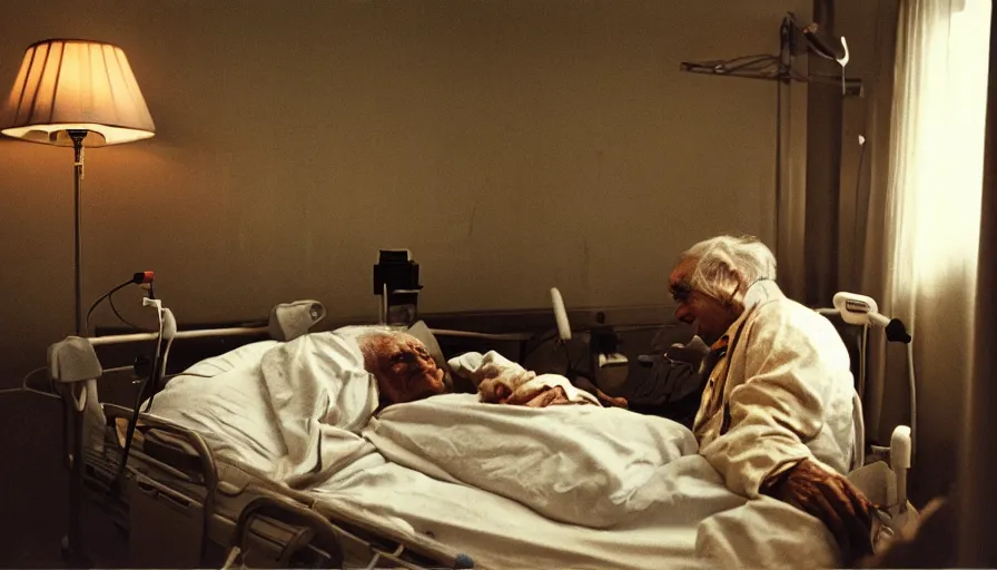 Image similar to 7 0 s movie still of a old gold man in the hospital, cinestill 8 0 0 t 3 5 mm eastmancolor, heavy grain, high quality, high detail