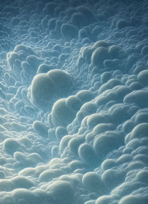 Image similar to high intricate melting tremella - fuciformis formed clouds over an ocean surface, maria panfilova, andrea savchenko, mike kime, ludovic plouffe, qi sheng luo, oliver cook, makoto shinkai, trending on artstation