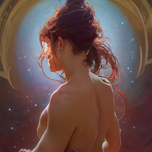 Prompt: The soul detaching from the body, in the universe, highly detailed, digital painting, artstation, concept art, sharp focus, cinematic lighting, illustration, art by artgerm and greg rutkowski, alphonse mucha, cgsociety