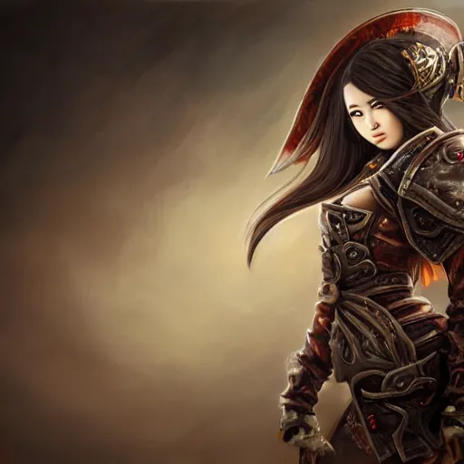 Prompt: perfect, realistic oil painting of close-up japanese young woman wearing leather jacket, in Diablo 3