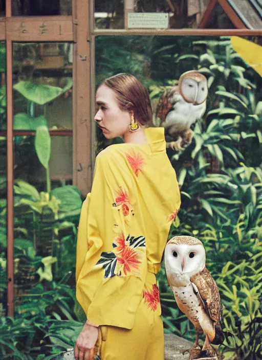 Image similar to grainy head to shoulder portrait Polaroid film photograph of an elegant top model wearing a yellow kimono with a very detailed barn owl on her shoulder!!! in a tropical greenhouse. looking at the camera!!. super resolution. Extremely detailed. Polaroid 600 film. art by Rineke Dijkstra.