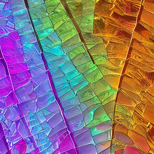 Image similar to gigapixel resolution abstract artwork made of hundreds of colorful transparent insect wings made of crytals, bismuth and other interesting rainbow coloured gems ornated copper or silver. color grading, super - resolution microscopy, spectral color, chroma, complimentary - colors, polychromatic - colors