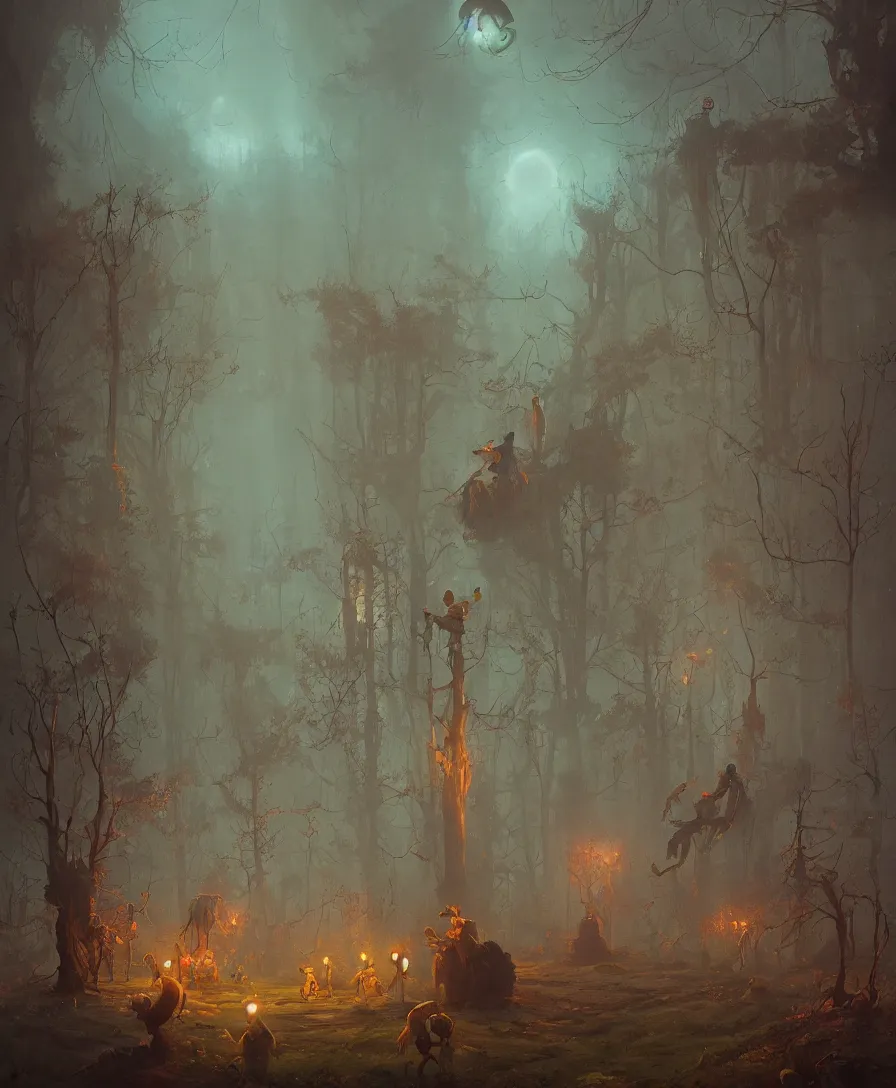 Prompt: afterlife, clowns, illustrated by Simon Stålenhag and Gaston Bussiere, 35mm lens, wide angle, beautiful volumetric lighting style atmosphere, intricate, ultra detailed, photorealistic, trending on artstation 8k