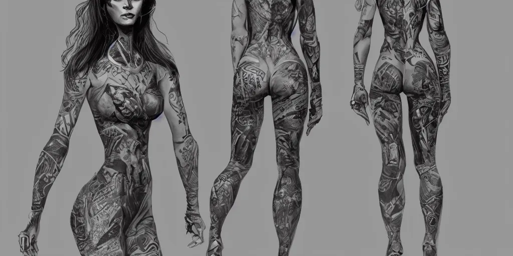 Image similar to tattooed woman walking cycle, character sheet, fine details, concept design, contrast, brigitte bardot, kim jung gi, greg rutkowski, trending on artstation, 8 k, full body, turnaround, front view, back view, ultra wide angle