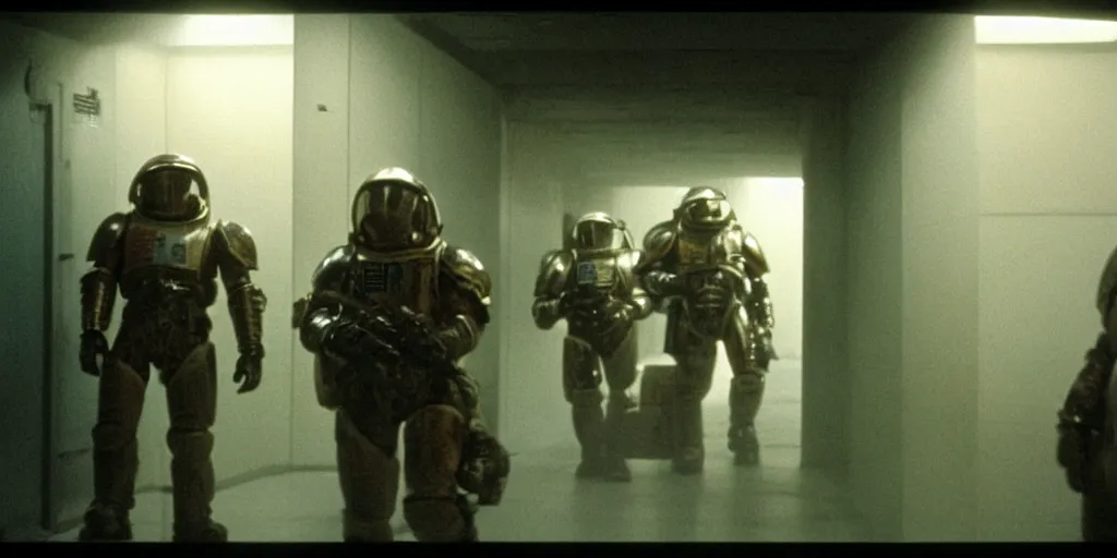 Prompt: color film still, space marines in the dark hallway, space ship ; misty, ; alien 2 ( 1 9 8 6 )