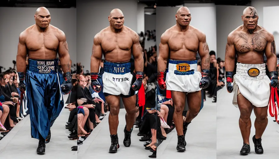 Image similar to hyperrealistic and heavy detailed 2321s runway show of mike tyson , Leica SL2 50mm, vivid color, high quality, high textured