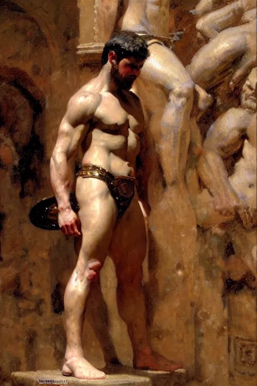 Image similar to muscular male gladiator, roman baths painting by gaston bussiere, craig mullins, j. c. leyendecker