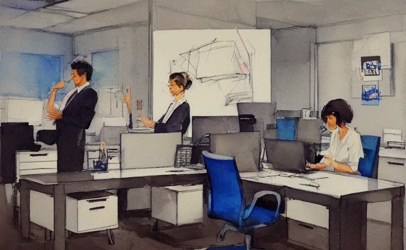 Image similar to concept art of a modern office life, pinterest, artstation trending, behance, watercolor, by coby whitmore *, silver, laser light *,