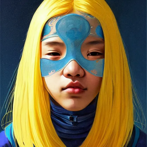 Image similar to filipino girl blue - yellow hair, metal plate, nasal strip, nose cast, intricate, elegant, highly detailed, my rendition, digital painting, artstation, concept art, smooth, sharp focus, illustration, art by artgerm and greg rutkowski and alphonse mucha and uang guangjian and gil elvgren and sachin teng, symmetry!!