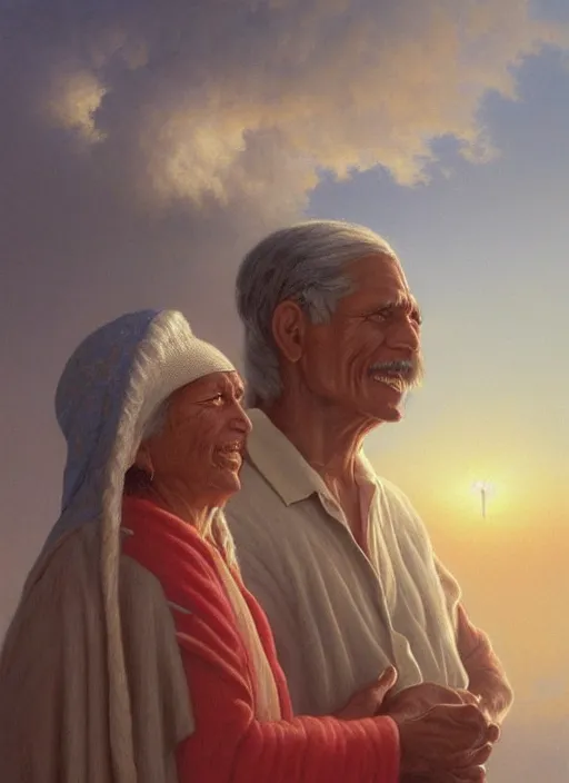 Image similar to portrait of an indigenous grandfather and grandmother in the clouds, smiling, protection, benevolence, ancestors, art by christophe vacher