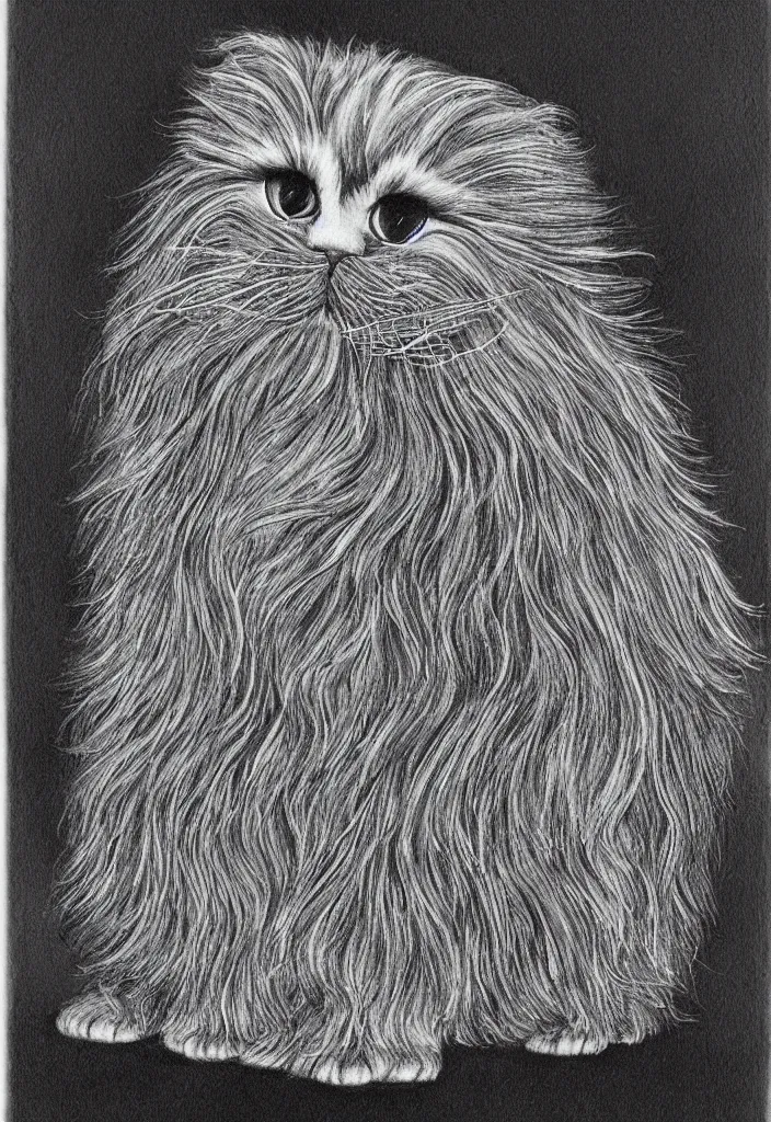 Image similar to longhair floof fluffy coiffed groom elegant gorgeously champion cute pretty scottish fold, radiant line art pen and ink and paint, grisaille dark monochrome with neon fluorescent color airbrush spraypaint accents, by jules julien, wes anderson, lisa frank