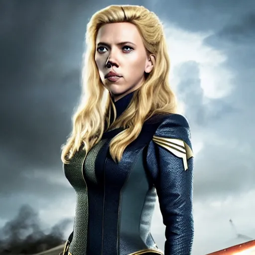 Image similar to starfleet uniform, portrait of scarlett johansson as lagertha, in starfleet uniform, from the tv series vikings