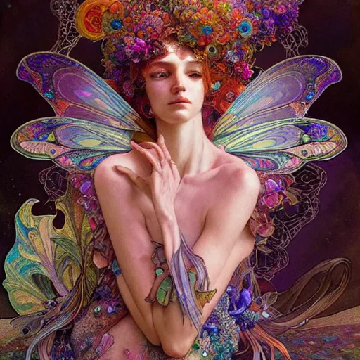 Image similar to An extremely psychedelic portrait of a fairy made of crystals, surreal, colorful, face, detailed, intricate, elegant, lithe, highly detailed, digital painting, artstation, concept art, smooth, sharp focus, illustration, art by Krenz Cushart and Artem Demura and alphonse mucha