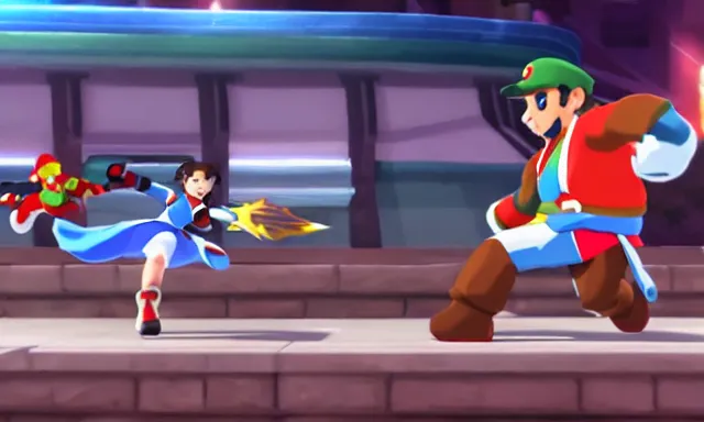 Prompt: 4k Super Smash Brothers screenshot of Korra punching Mario