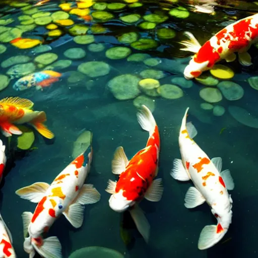 Image similar to view of a koi pond from underwater, sharp focus, sunlight, natural lighting, hd, 8k, enhanced