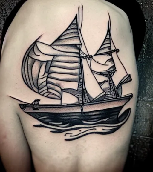 Image similar to White background tattoo design of a magical pirate ship, realism tattoo design, highly detailed tattoo, shaded tattoo, hyper realistic tattoo