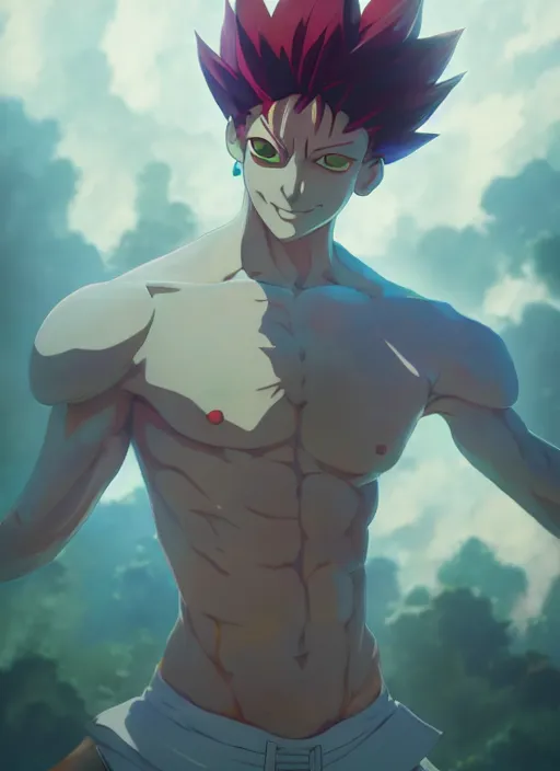 Image similar to hisoka from hunter x hunter, coherent, medium shot, waist up, studio ghibli pixar and disney animation sharp unreal engine 5, anime key art by greg rutkowski, bloom, dramatic lighting