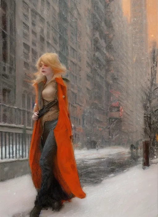 Image similar to back of emma stone in beige coat, orange hair, walking into new york apartment building in winter, artwork by gaston bussiere, craig mullins, trending on artstation