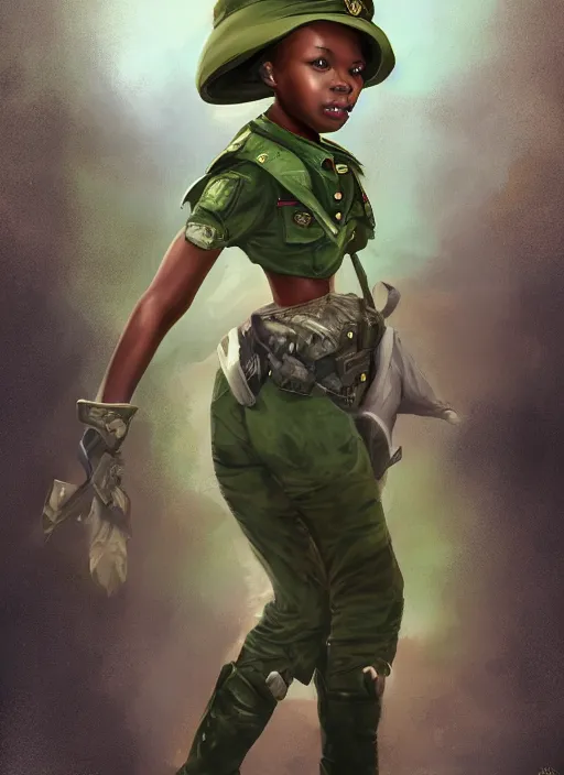 Prompt: a highly detailed illustration of cute african girl wearing military uniform and green officer cap riding!!! on giant dog!!!, dramatic standing pose, perfect face, intricate, elegant, highly detailed, centered, digital painting, artstation, concept art, smooth, sharp focus, league of legends concept art, wlop