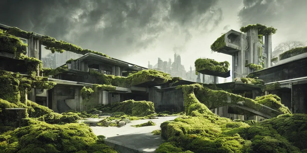 Prompt: concrete architecture with moss and ivy growing all over, futuristic, late afternoon light, dramatic sky, by frank lloyd wright and greg rutkowski and ruan jia