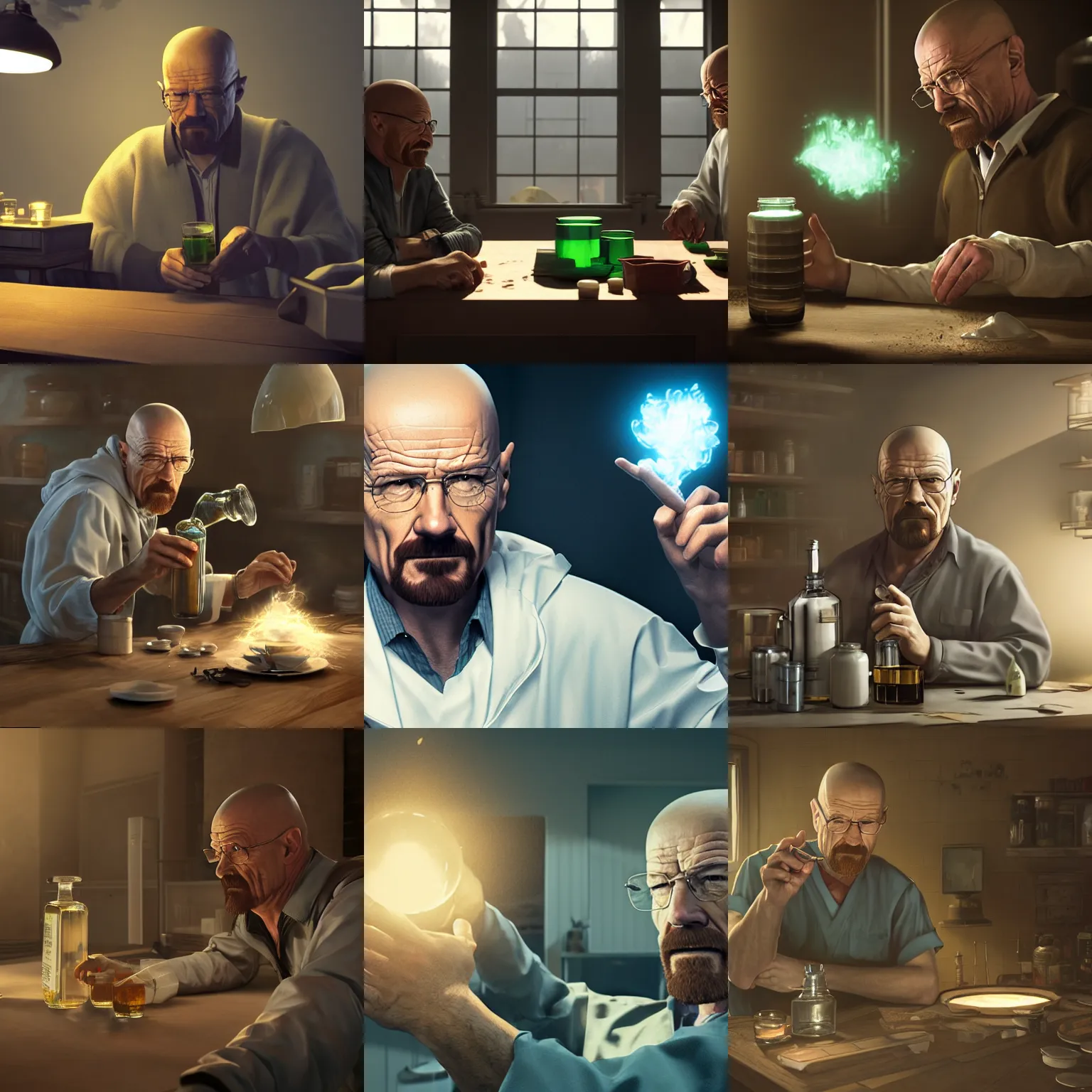 Prompt: walter white making a healing potion, concept art by senior character artist, cgsociety, photorealism, reimagined by industrial light and magic, rendered in unreal engine, official art