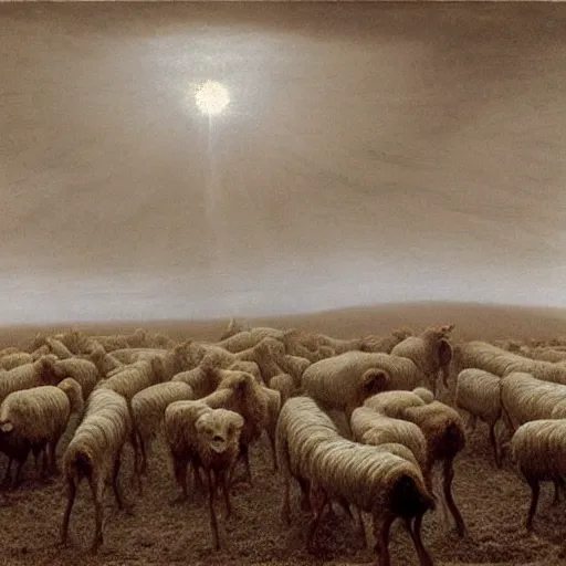 Image similar to dead sheeps in a farm nuclear winter by zdzisław beksinski