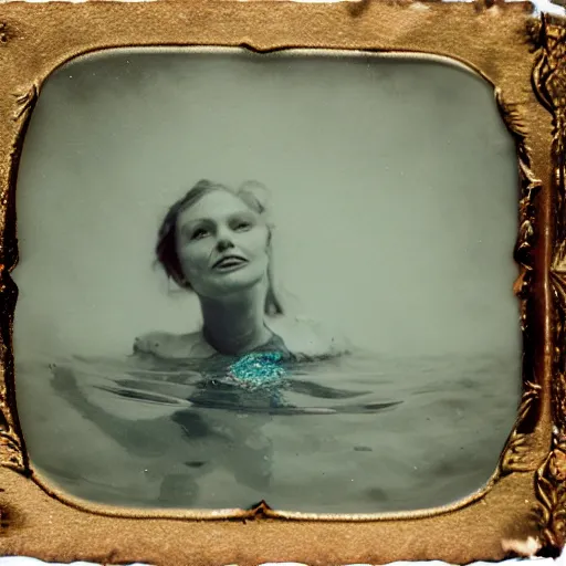 Prompt: underwater tintype photo of swimming mermaid