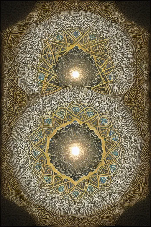 Prompt: islamic symmetric geometric fractals, muslim, ultra realistic, fibonacci, trending on artstation, sharp edges, by michael angelo