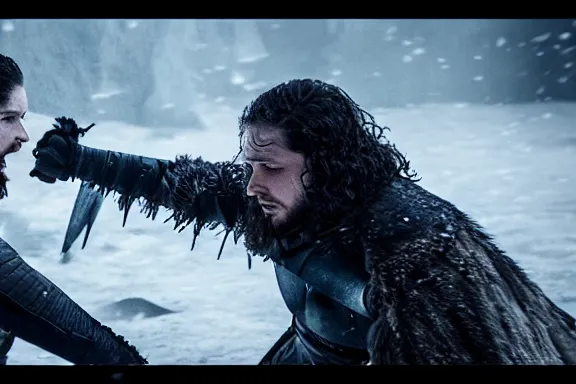 Image similar to very very intricate photorealistic photo of jon snow fighting the night king, photo is in focus with detailed atmospheric lighting, award - winning details