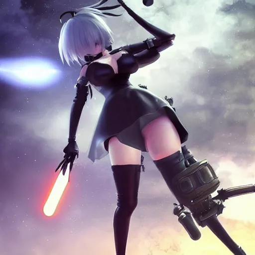 Image similar to 2B from Nier Automata fighting the aliens, highly detailed, realistic