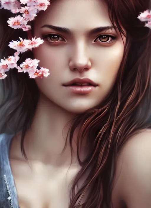 Image similar to photo of a gorgeous female with messy hair in the style of stefan kostic, realistic, body shot, sharp focus, 8 k high definition, insanely detailed, intricate, elegant, art by stanley lau and artgerm, cherry blossoms