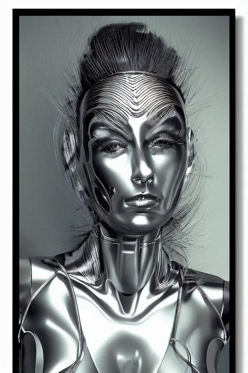 Image similar to realistic photo portrait of a metal woman in the style of hajime sorayama, studio lighting, 1 5 0 mm