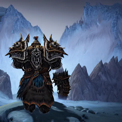 Image similar to world of warcraft orc warrior viewed from the back in spiky epic full plate armor standing in front of a vast icy land and dark icy mounatins in the background, extreely detailed, wow, cinematic, unreal engine 5, artistic, movie poster, world of warcraft cinematics style, only dark contrasting colours, colours ranging of blue white and black