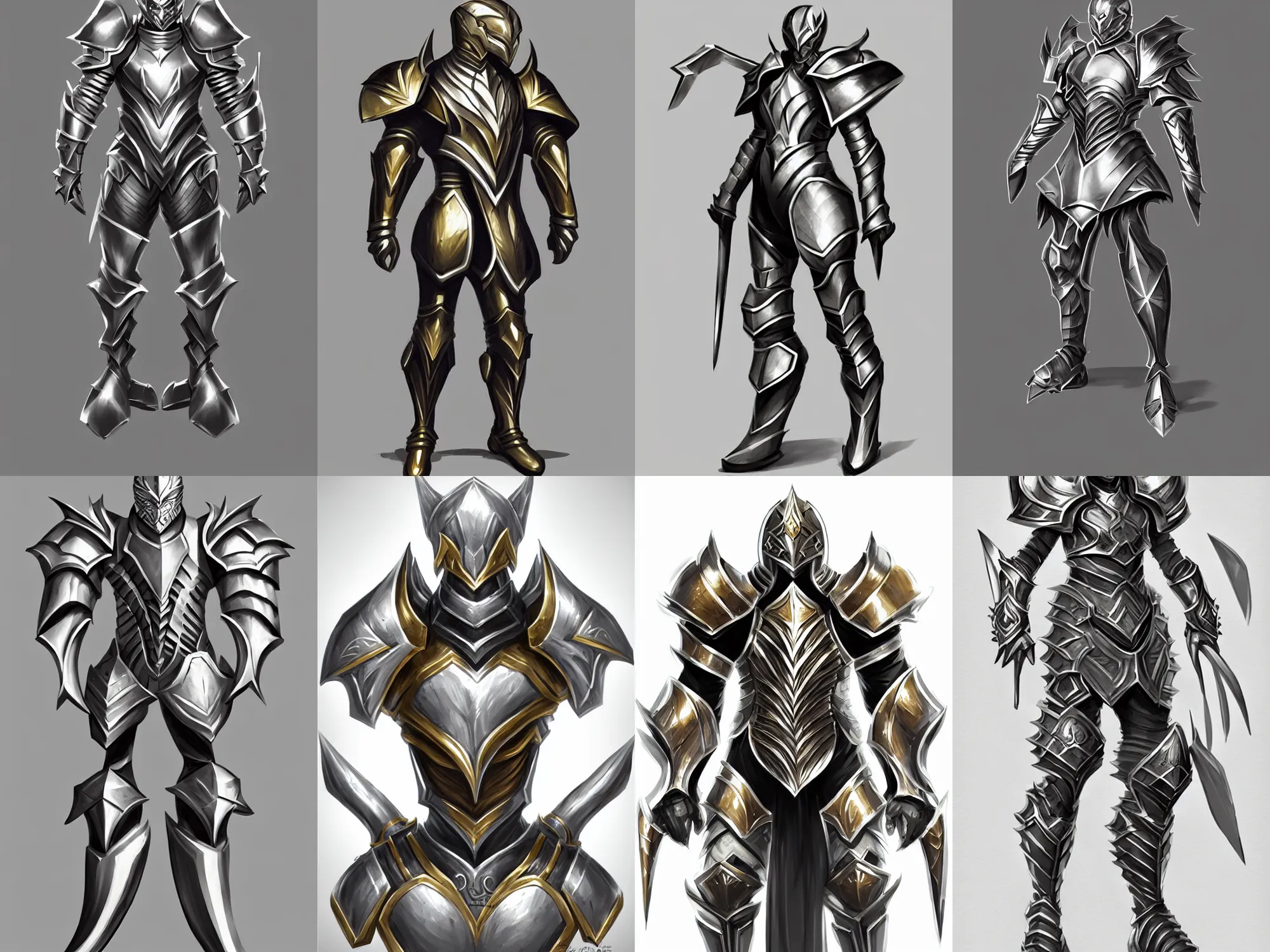 Prompt: fantasy armor, big shoulders, symmetrical, concept sketch, silver with gold trim, extremely polished, heavy exaggerated proportions, flat shading, smooth, uncluttered, extremely clean, fantasy character portrait, professional concept art, front view, A-pose, full body