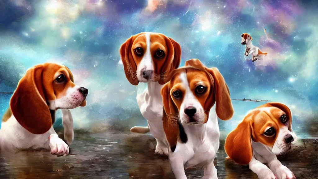 Prompt: Beautiful beagles playing ” Beautiful Dreamscape, Digital art, concept art, detailed, lovely colors, Art station,3-D 4K, beautiful background, matte painting, ,