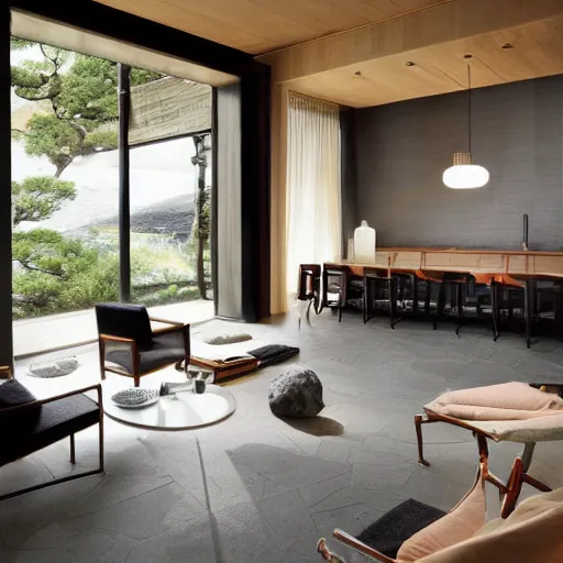 Image similar to lounge and dining room, stone, interior design, stylish luxury hotel living room design, yakisugi, black vertical slatted timber, textures, feminine, black walls, art, Japanese pottery vase with flowers, kakejiku, seasonal, Japanese influences