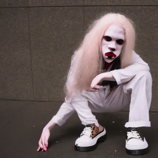 Image similar to An albinos vampire wearing Dr. Martens shoes