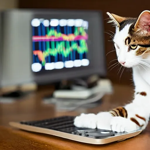 Prompt: photo of anthropomorphic cat trading stocks