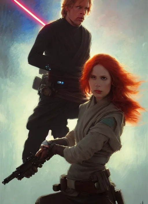 Image similar to mara jade skywalker and luke skywalker ultra detailed, deep focus, intricate painting by greg rutkowski, magali villeneuve and claude monet, trending on artstation