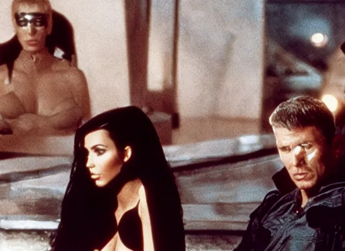 Image similar to a movie still of kim kardashian sitting with rick deckard in blade runner