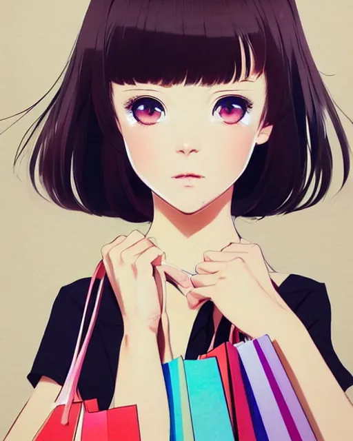 Image similar to cute girl wearing high heel with shopping bags. full - length | very very anime!!!, fine - face, audrey plaza, realistic shaded perfect face, fine details. anime. very strong realistic shaded lighting poster by ilya kuvshinov katsuhiro otomo ghost, magali villeneuve, artgerm, jeremy lipkin and michael garmash and rob rey