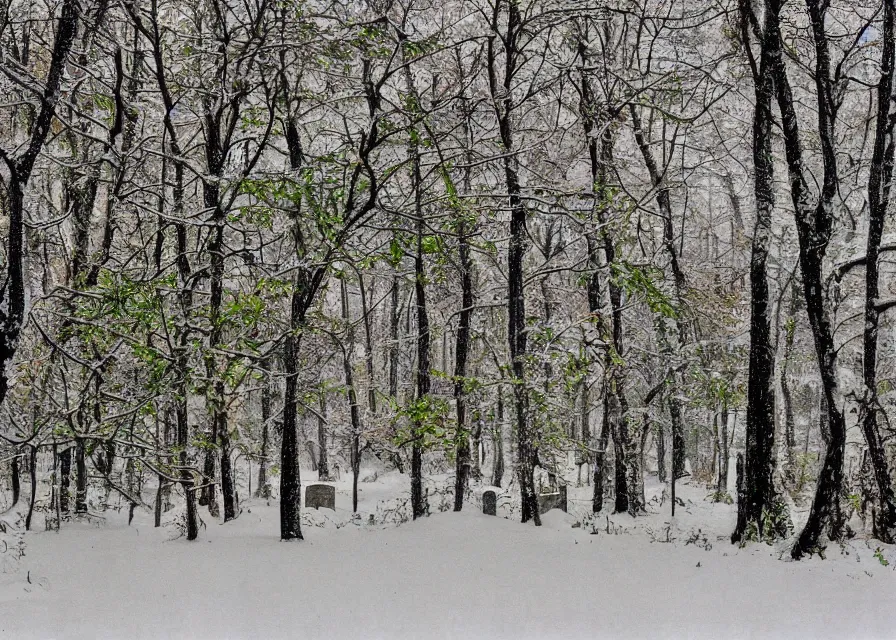 Prompt: forest with a graveyard covered in snow, colored papre collage