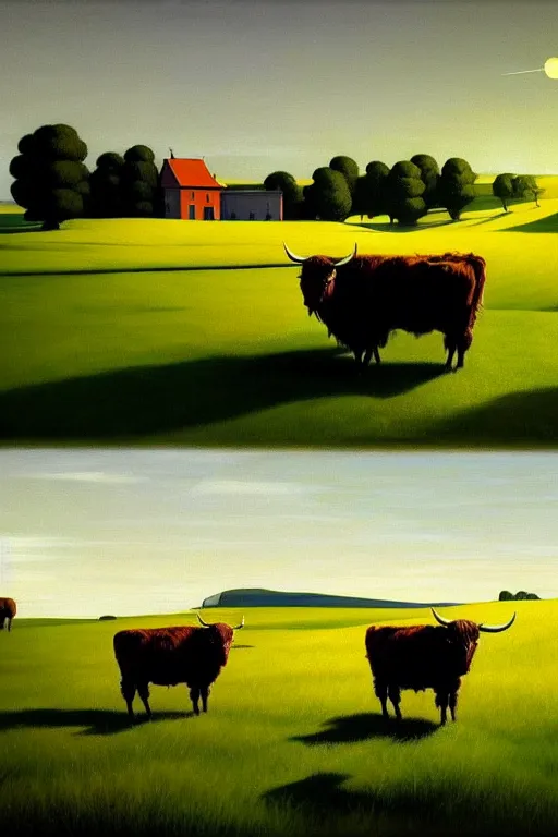 Image similar to peaceful farmland and highland cattle, in the style of edward hopper, solarpunk, atmospheric, clean, intricate and epic composition, gray by caravaggio, insanely quality, highly detailed, masterpiece, white light, artstation, 4 k