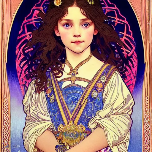 Prompt: a little girl with short wavy curly light brown hair and blue eyes, a space empress in byzantine style. beautiful highly detailed face, painting by ilya kuvshinov and alphonse mucha